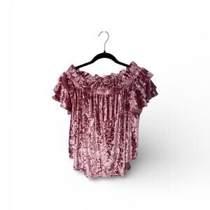 Umgee Pink Crushed Velvet Off Shoulder Ruffle Top Medium